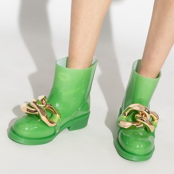 JW Anderson Chain Rain Boots‎ Green Rubber Chunky Gold Ankle Sz 36 / 6 - Picture 1 of 14